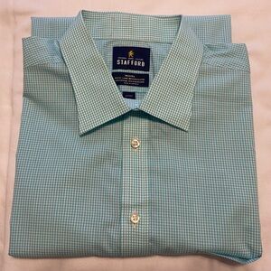 NEW Stafford Men's Aqua Gingham Button Down Long Fitted Sleeve Shirt Size 17.5
